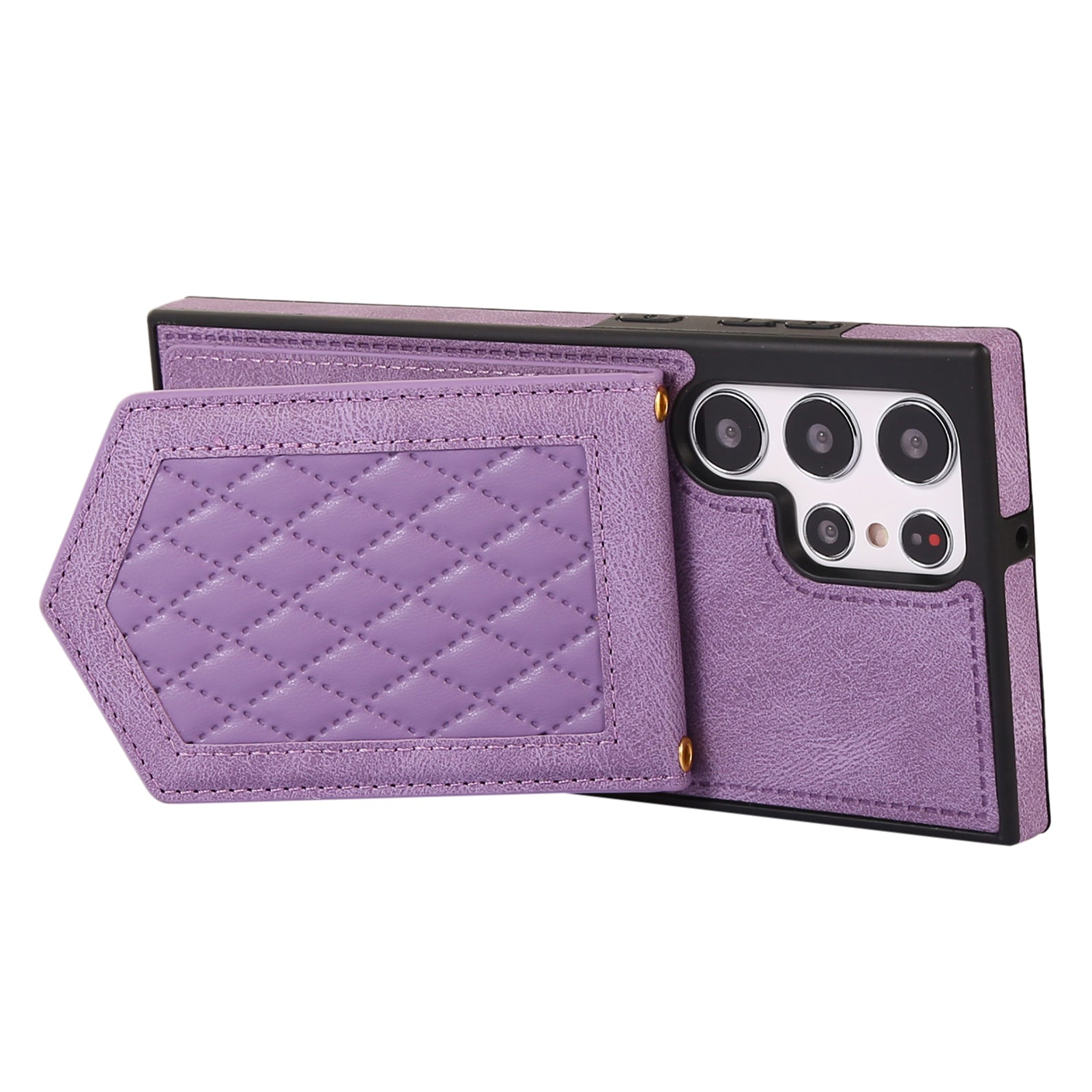 For Samsung Galaxy S24 Ultra Phone Case Kickstand Make Up Mirror Cover with Shoulder Strap - Purple