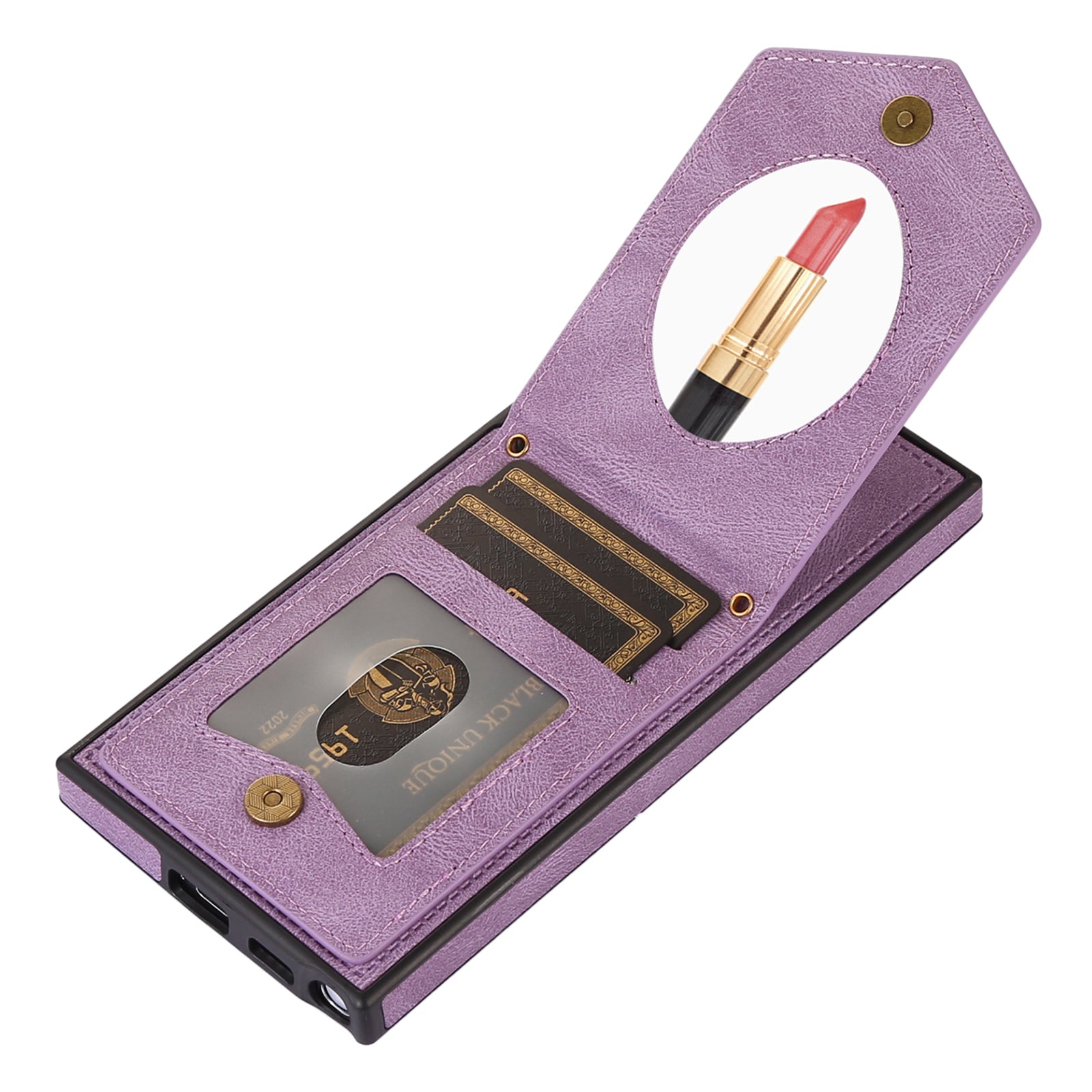 For Samsung Galaxy S24 Ultra Phone Case Kickstand Make Up Mirror Cover with Shoulder Strap - Purple
