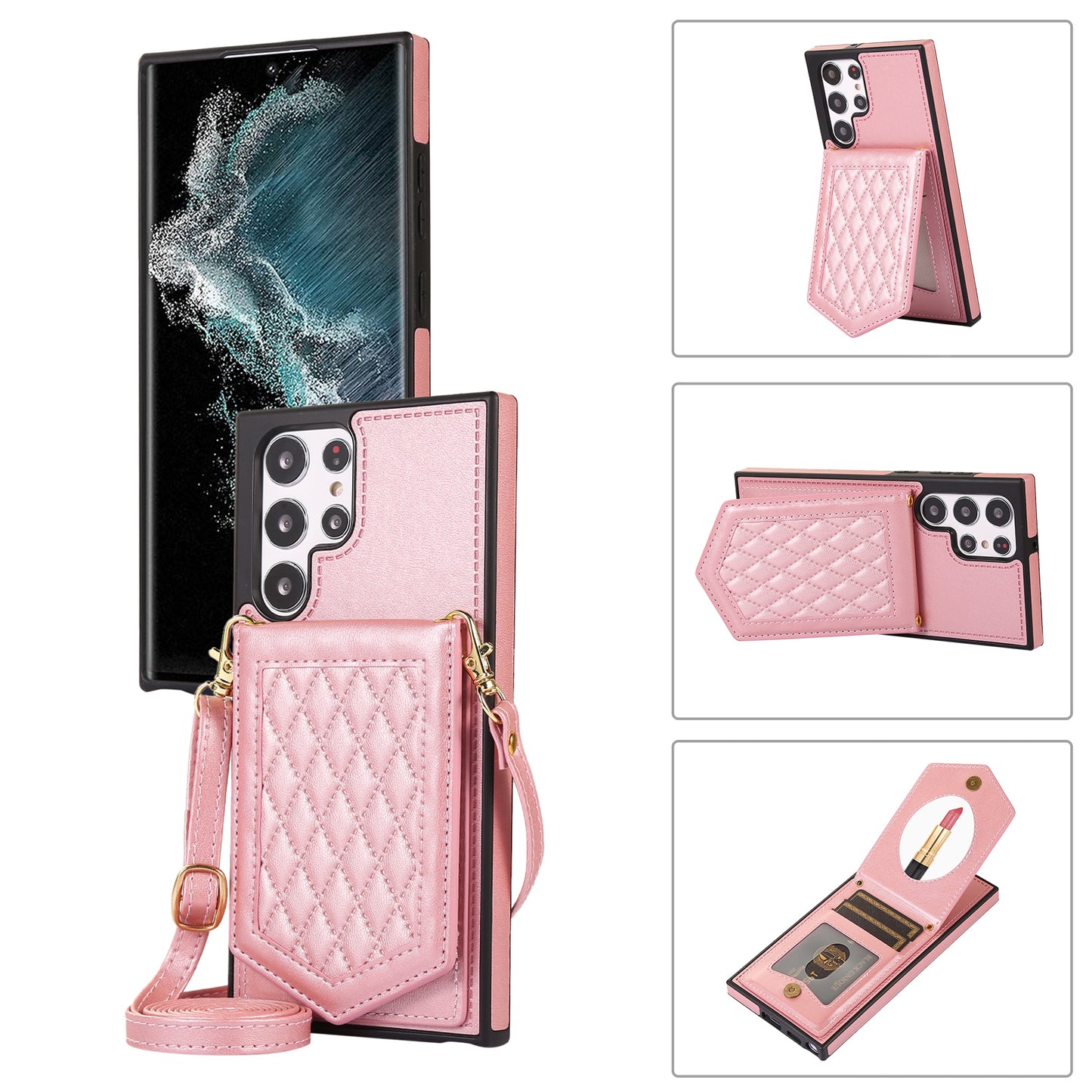 For Samsung Galaxy S24 Ultra Phone Case Kickstand Make Up Mirror Cover with Shoulder Strap - Rose Gold