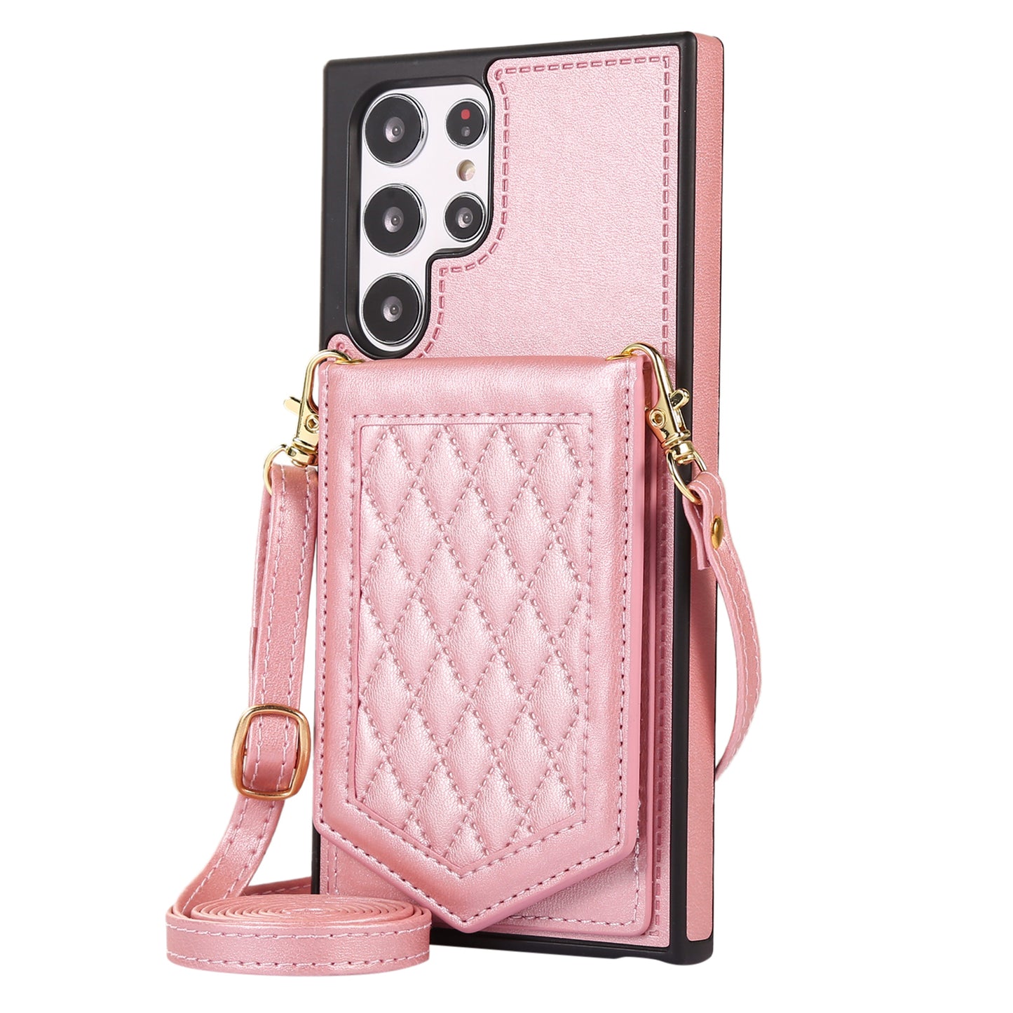 For Samsung Galaxy S24 Ultra Phone Case Kickstand Make Up Mirror Cover with Shoulder Strap - Rose Gold