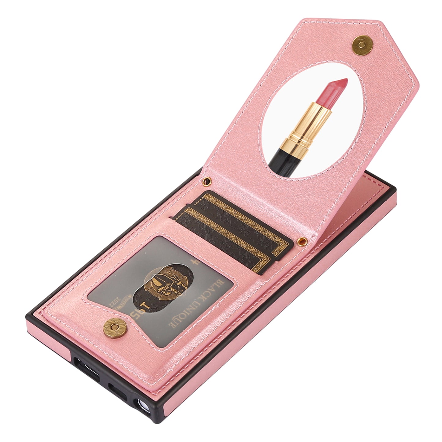 For Samsung Galaxy S24 Ultra Phone Case Kickstand Make Up Mirror Cover with Shoulder Strap - Rose Gold