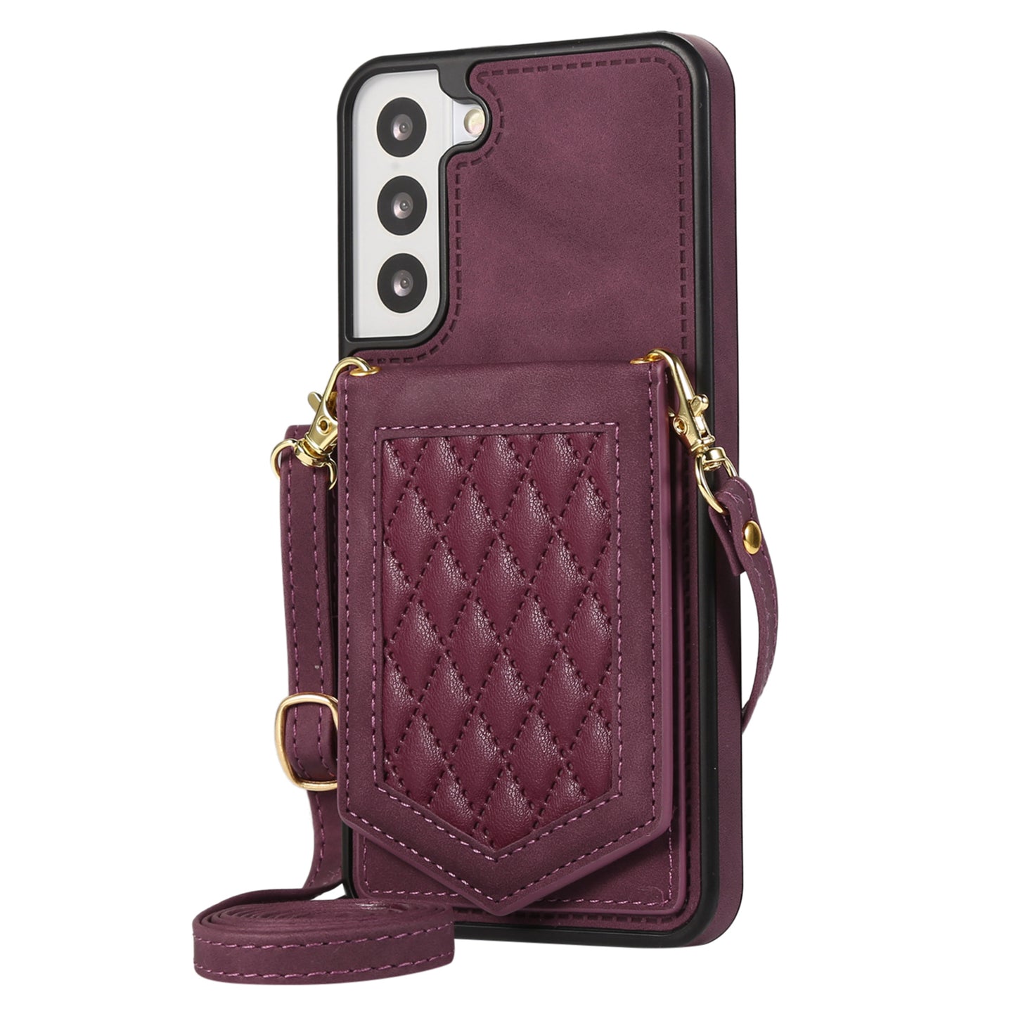 For Samsung Galaxy S24+ Phone Case RFID Blocking Hidden Mirror Cover with Shoulder Strap - Wine Red