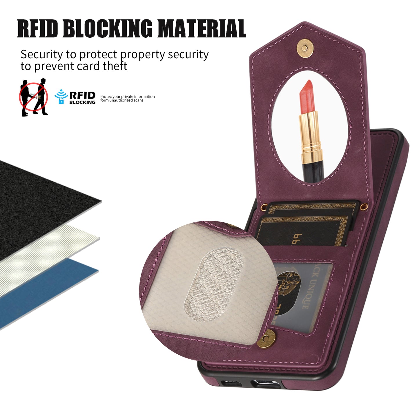 For Samsung Galaxy S24+ Phone Case RFID Blocking Hidden Mirror Cover with Shoulder Strap - Wine Red