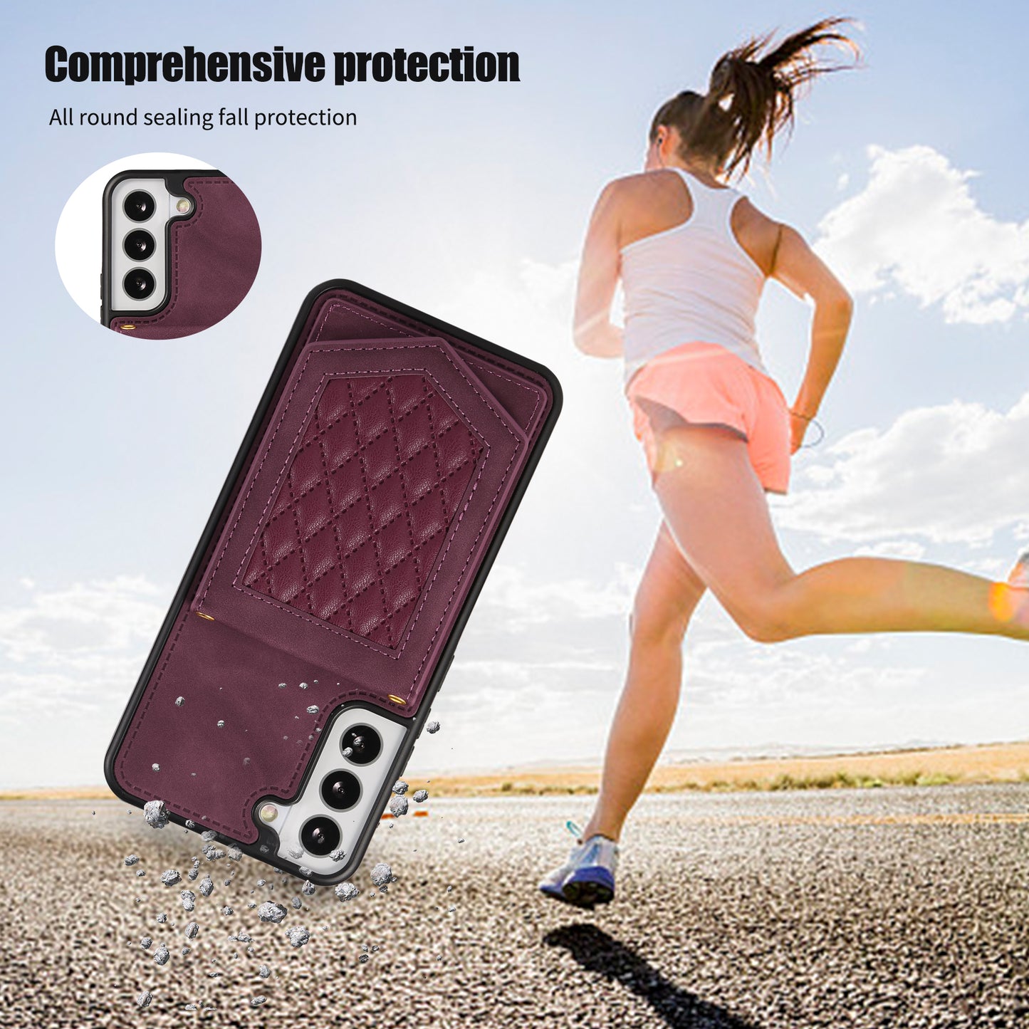 For Samsung Galaxy S24+ Phone Case RFID Blocking Hidden Mirror Cover with Shoulder Strap - Wine Red