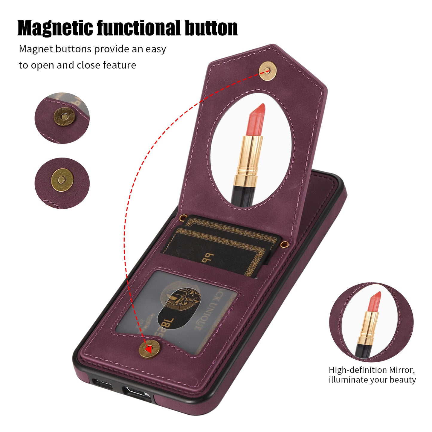 For Samsung Galaxy S24+ Phone Case RFID Blocking Hidden Mirror Cover with Shoulder Strap - Wine Red
