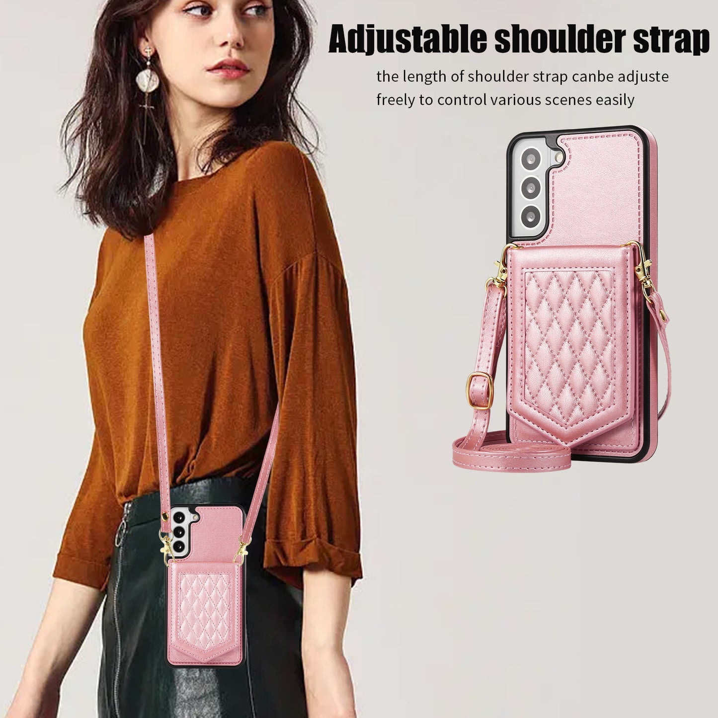 For Samsung Galaxy S24+ Phone Case RFID Blocking Hidden Mirror Cover with Shoulder Strap - Rose Gold