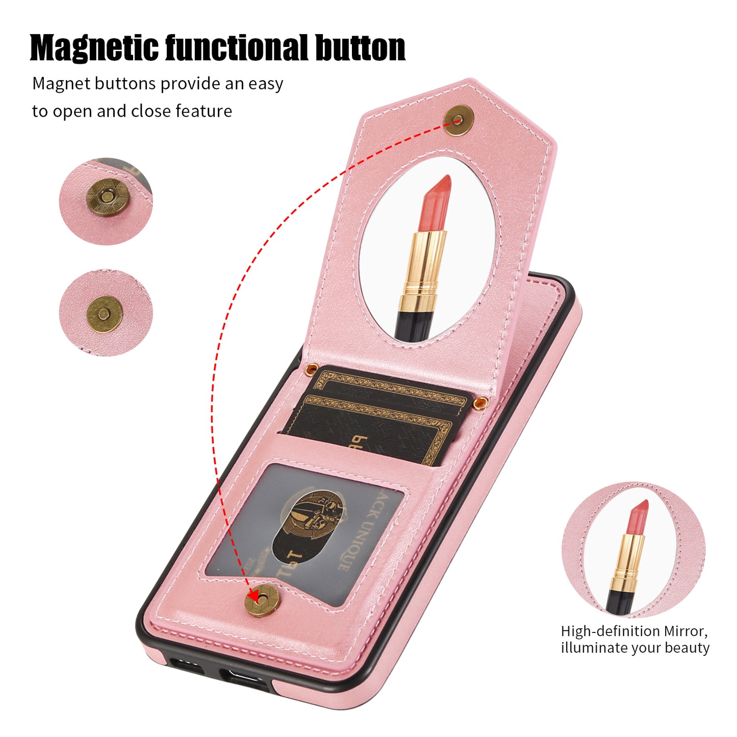 For Samsung Galaxy S24+ Phone Case RFID Blocking Hidden Mirror Cover with Shoulder Strap - Rose Gold