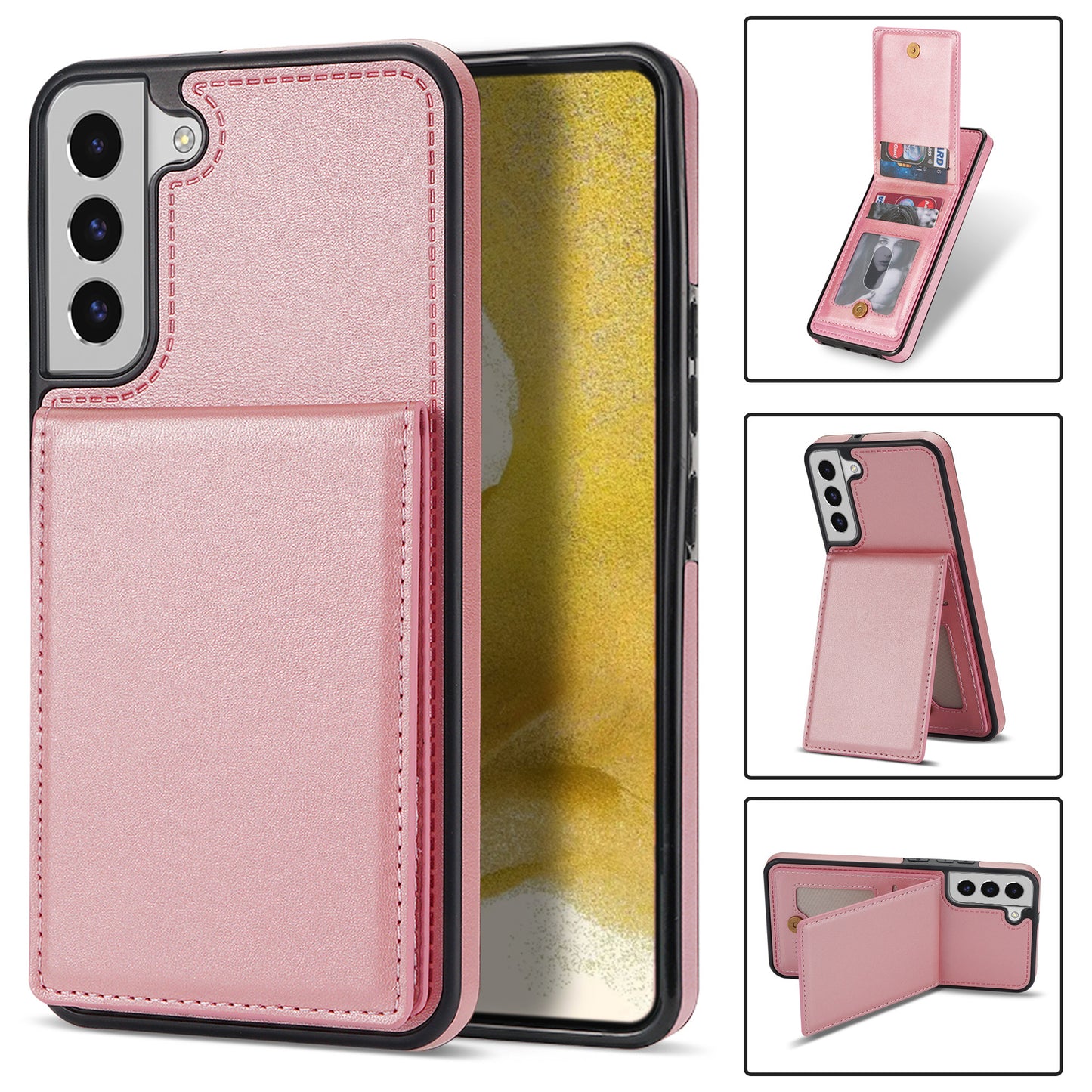 For Samsung Galaxy S24 Card Slots Phone Case RFID Blocking Leather Cover - Rose Gold