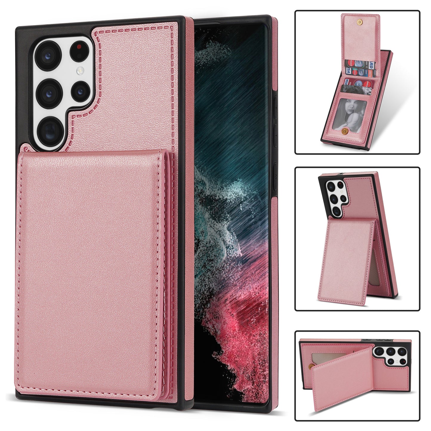 For Samsung Galaxy S24 Ultra RFID Blocking Phone Case Kickstand Cover with Card Holder - Rose Gold