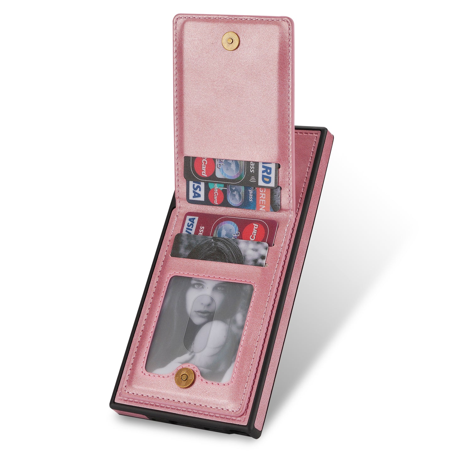 For Samsung Galaxy S24 Ultra RFID Blocking Phone Case Kickstand Cover with Card Holder - Rose Gold