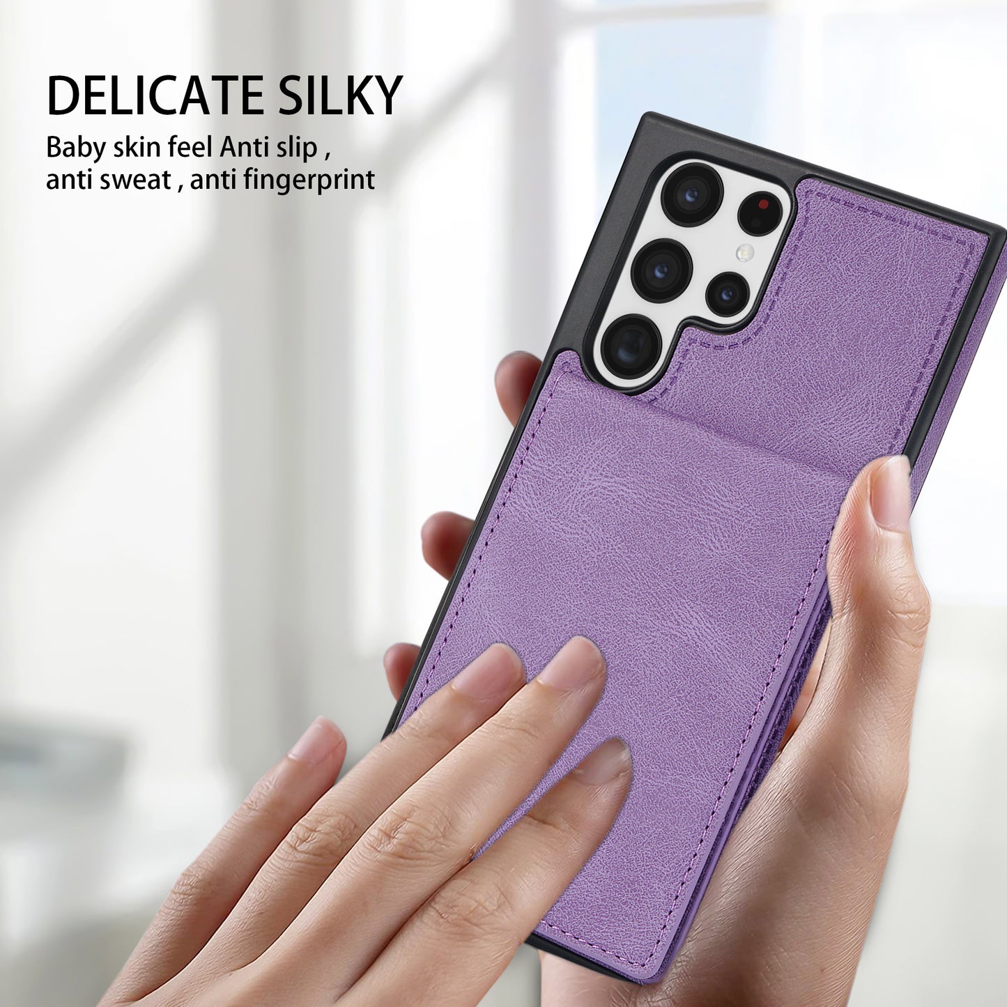 For Samsung Galaxy S24 Ultra RFID Blocking Phone Case Kickstand Cover with Card Holder - Purple