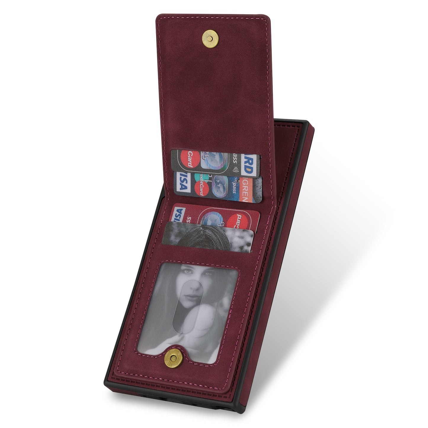 For Samsung Galaxy S24 Ultra RFID Blocking Phone Case Kickstand Cover with Card Holder - Wine Red