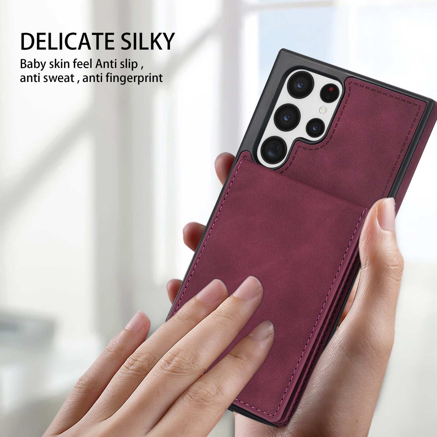For Samsung Galaxy S24 Ultra RFID Blocking Phone Case Kickstand Cover with Card Holder - Wine Red