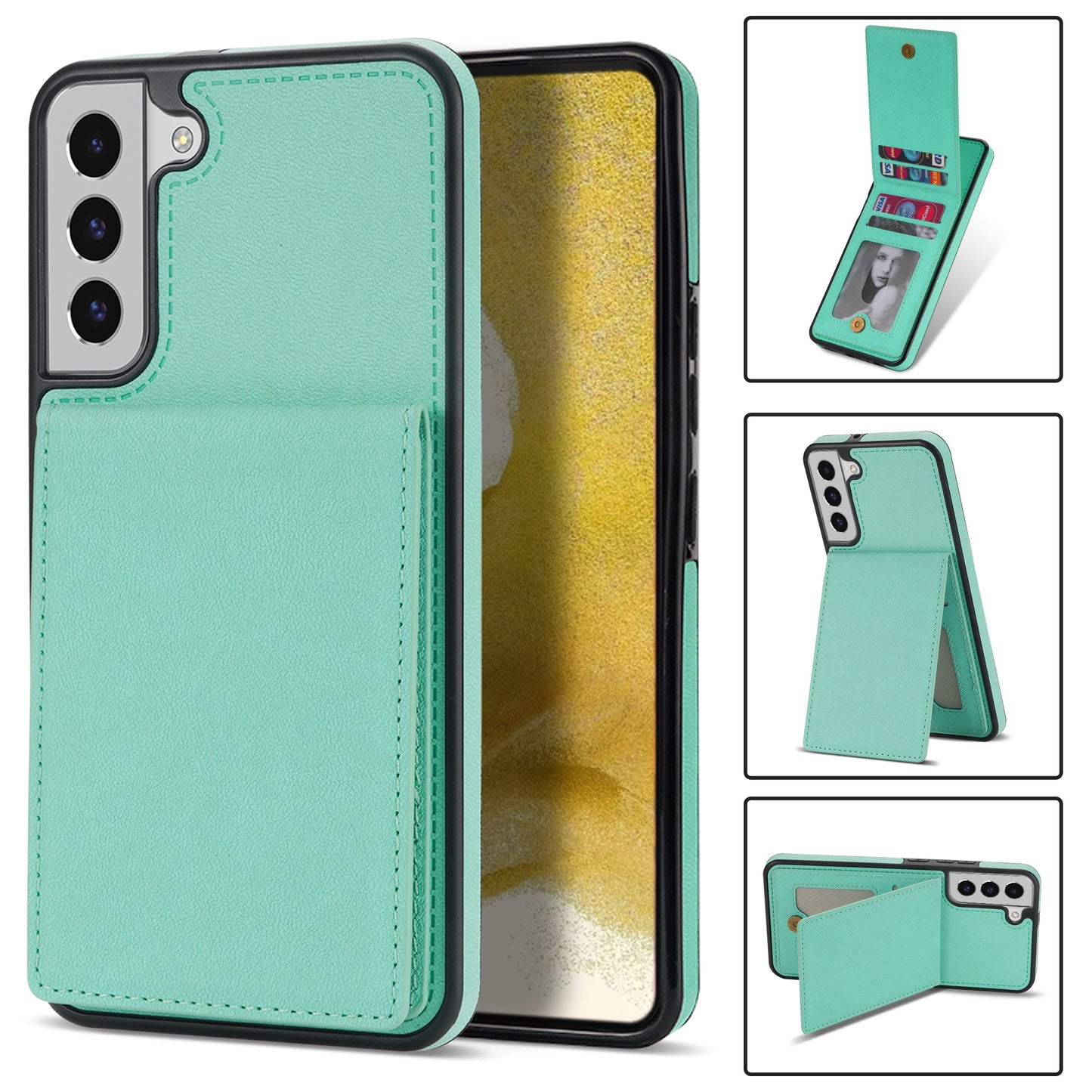 For Samsung Galaxy S24+ Solid Color Phone Case PU Leather Card Holder Cover - Fluorescent Green