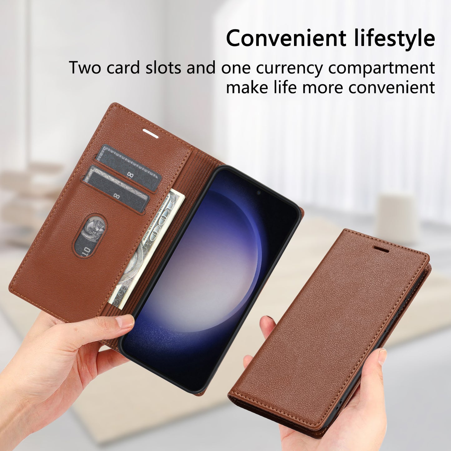 BKS-001 For Samsung Galaxy S24+ Case Anti-drop PU Leather Stand Card Holder Smart Phone Cover - Brown
