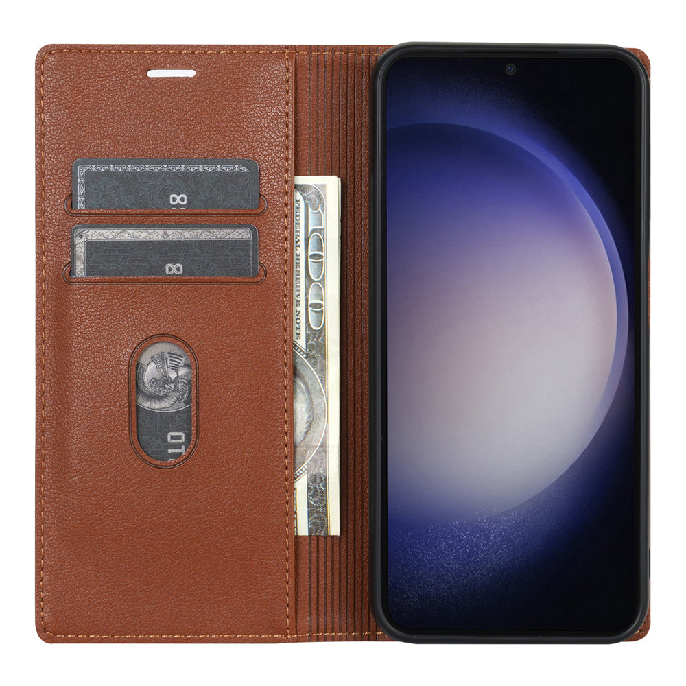 BKS-001 For Samsung Galaxy S24 Magnetic Case Anti-fall Leather Stand Card Slot Phone Cover - Brown
