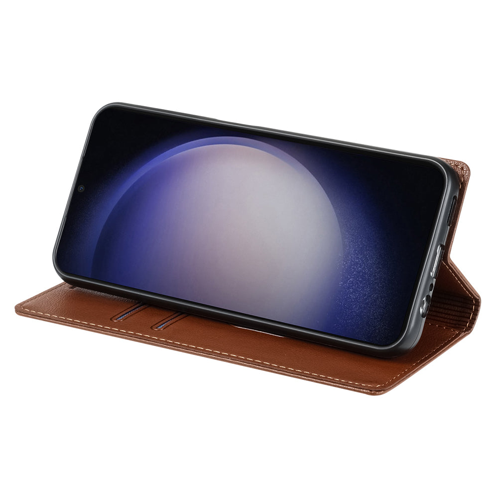 BKS-001 For Samsung Galaxy S24 Magnetic Case Anti-fall Leather Stand Card Slot Phone Cover - Brown