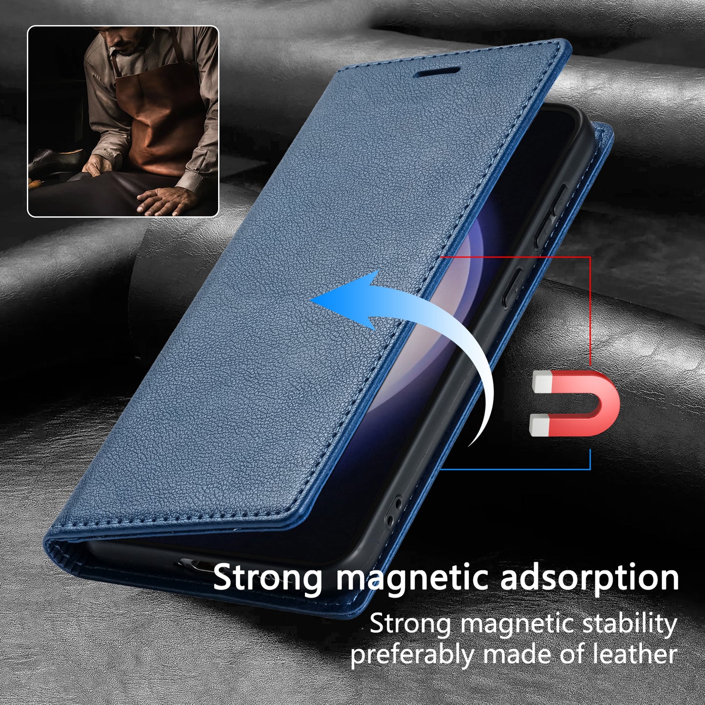 BKS-001 For Samsung Galaxy S24 Magnetic Case Anti-fall Leather Stand Card Slot Phone Cover - Blue