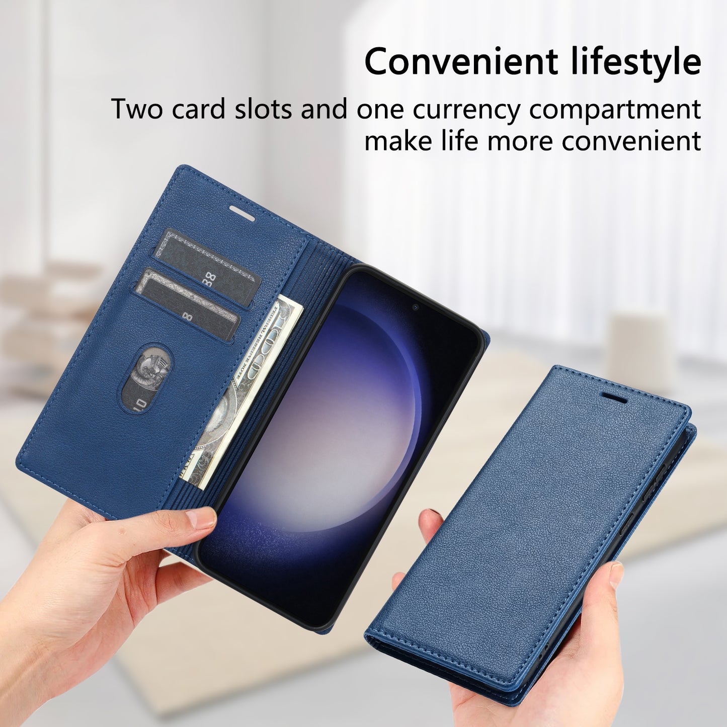 BKS-001 For Samsung Galaxy S24 Magnetic Case Anti-fall Leather Stand Card Slot Phone Cover - Blue