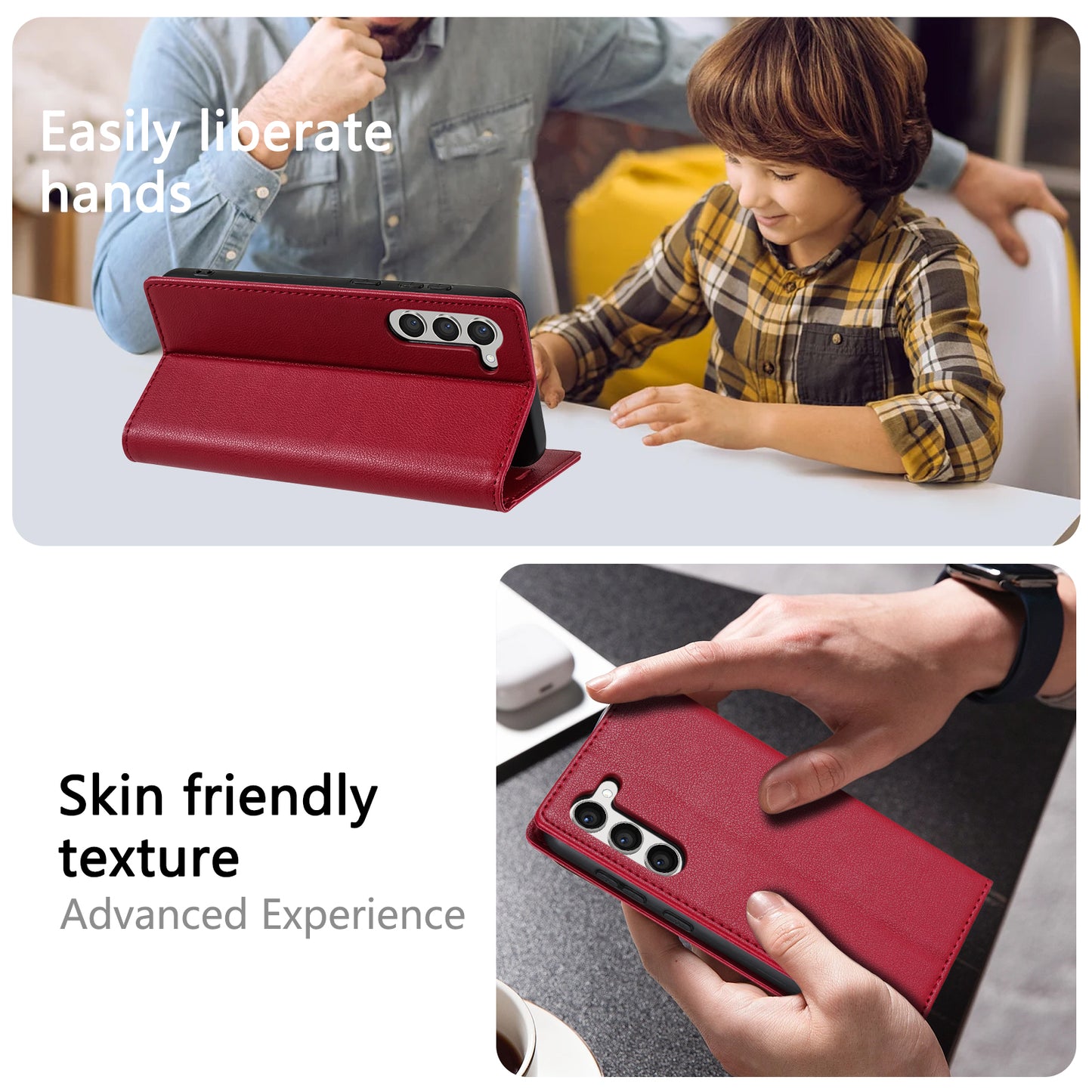 BKS-001 For Samsung Galaxy S24 Magnetic Case Anti-fall Leather Stand Card Slot Phone Cover - Red