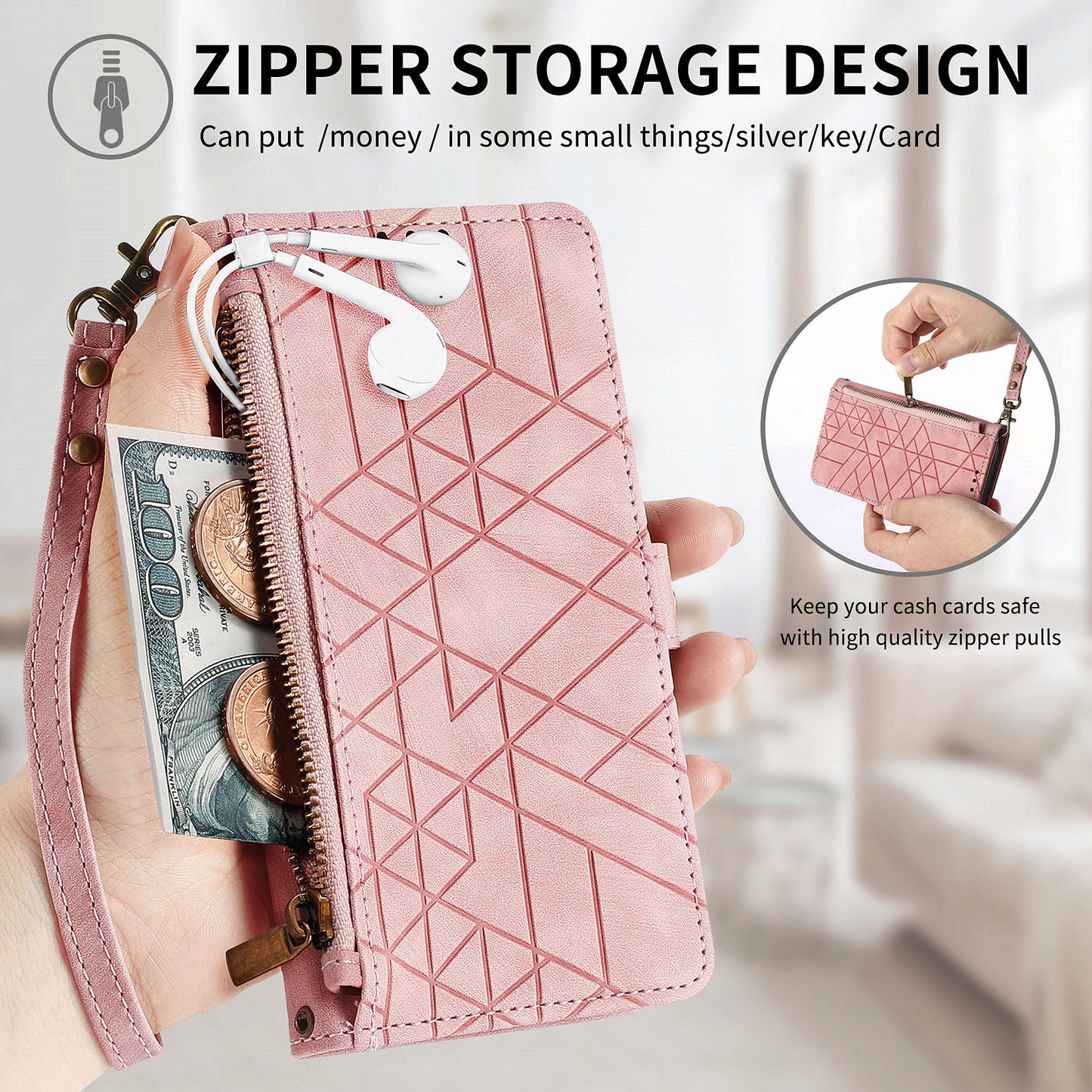 For Samsung Galaxy S24 Ultra Case Geometry Imprinted Wallet Leather Cover - Pink