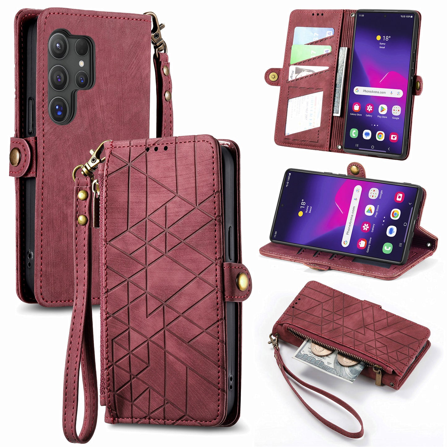 For Samsung Galaxy S24 Ultra Case Geometry Imprinted Wallet Leather Cover - Red