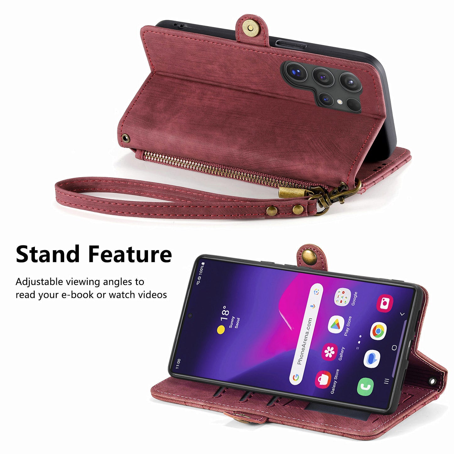 For Samsung Galaxy S24 Ultra Case Geometry Imprinted Wallet Leather Cover - Red