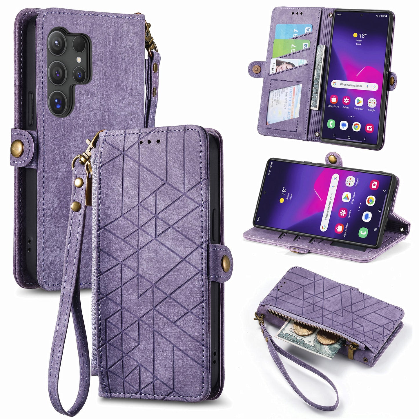 For Samsung Galaxy S24 Ultra Case Geometry Imprinted Wallet Leather Cover - Purple