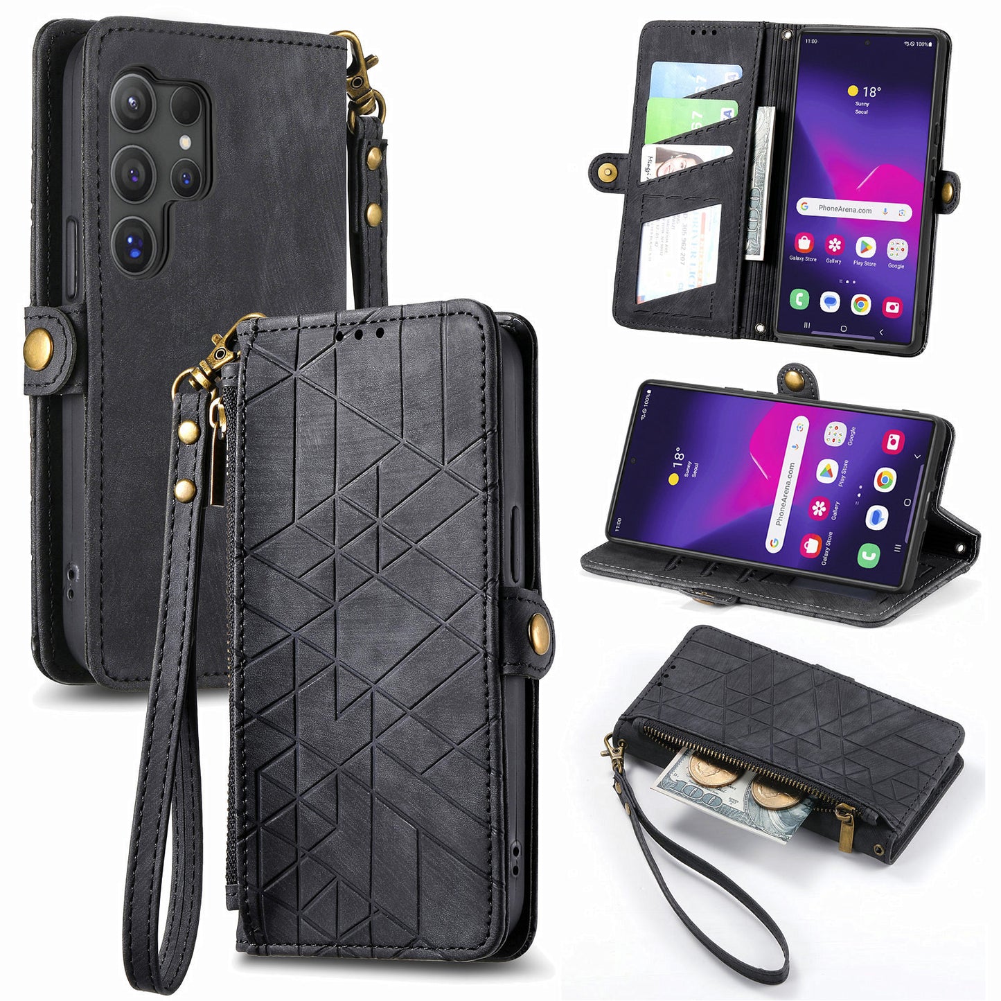 For Samsung Galaxy S24 Ultra Case Geometry Imprinted Wallet Leather Cover - Black