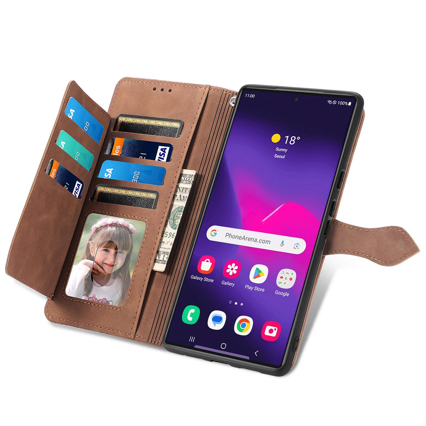 For Samsung Galaxy S24 Ultra Case Zipper Pocket Flower Imprinted Leather Cover - Brown