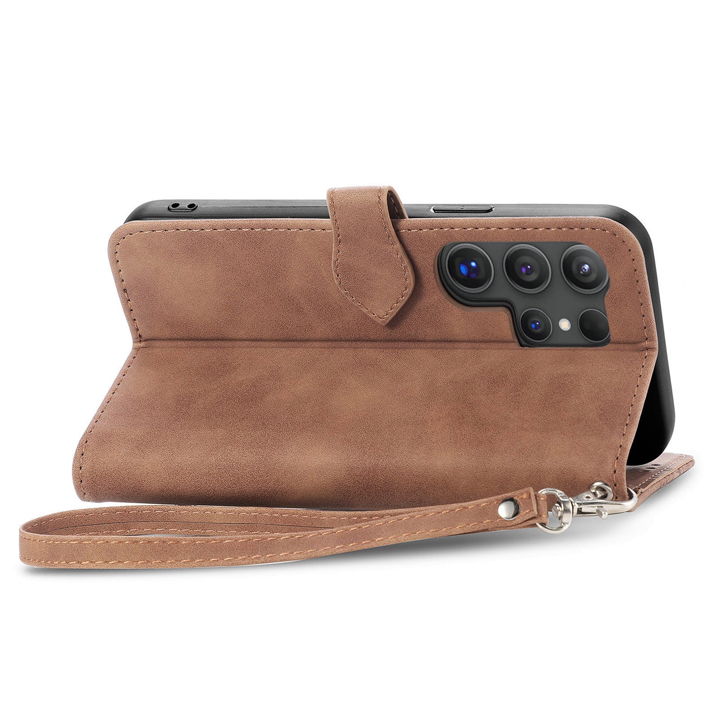 For Samsung Galaxy S24 Ultra Case Zipper Pocket Flower Imprinted Leather Cover - Brown