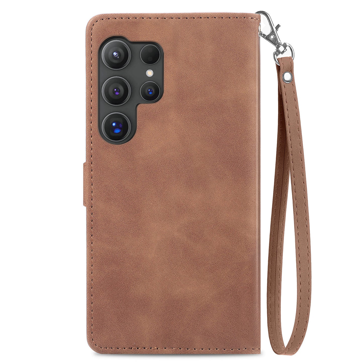 For Samsung Galaxy S24 Ultra Case Zipper Pocket Flower Imprinted Leather Cover - Brown