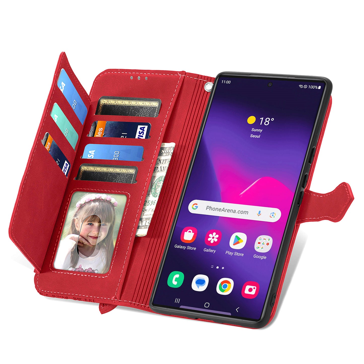 For Samsung Galaxy S24 Ultra Case Zipper Pocket Flower Imprinted Leather Cover - Red