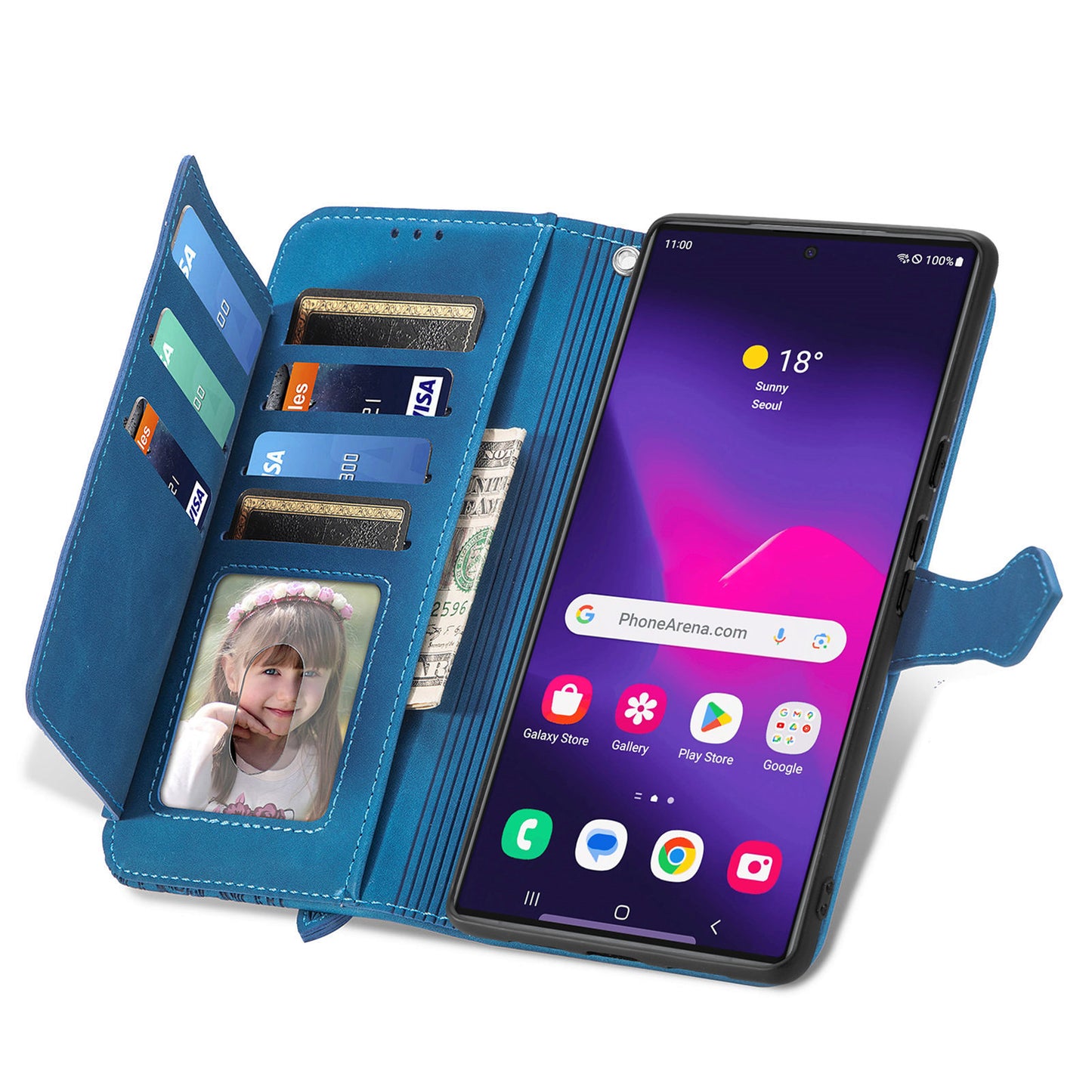 For Samsung Galaxy S24 Ultra Case Zipper Pocket Flower Imprinted Leather Cover - Blue