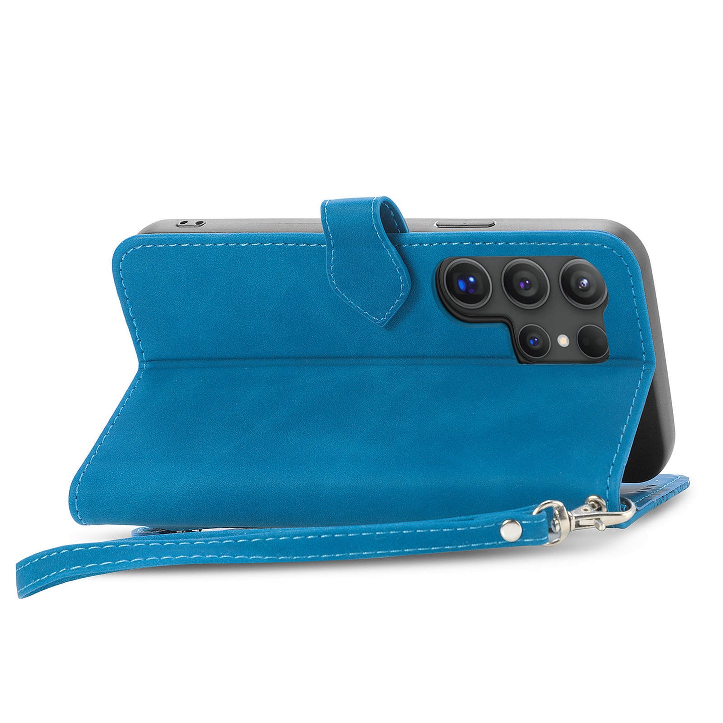 For Samsung Galaxy S24 Ultra Case Zipper Pocket Flower Imprinted Leather Cover - Blue