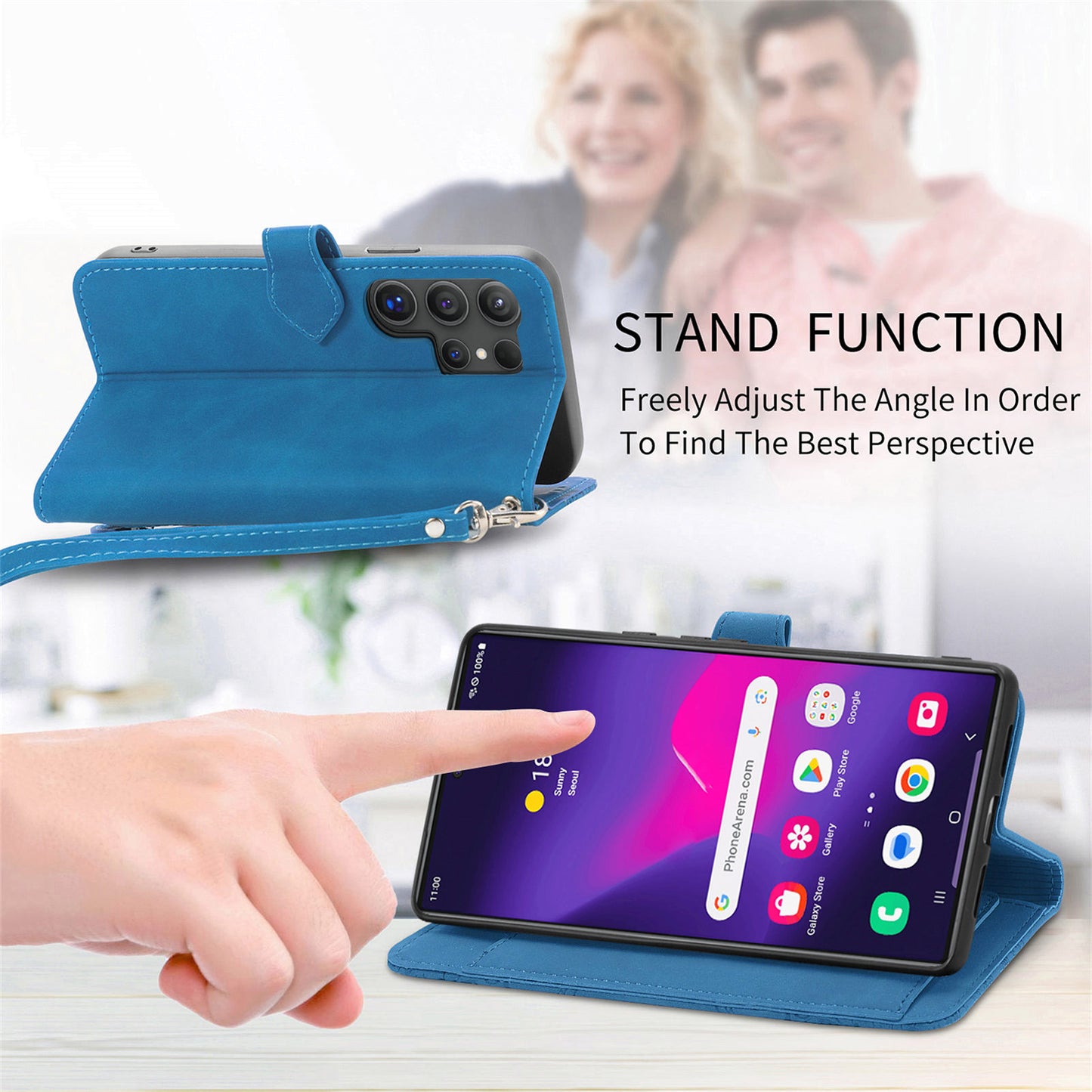For Samsung Galaxy S24 Ultra Case Zipper Pocket Flower Imprinted Leather Cover - Blue