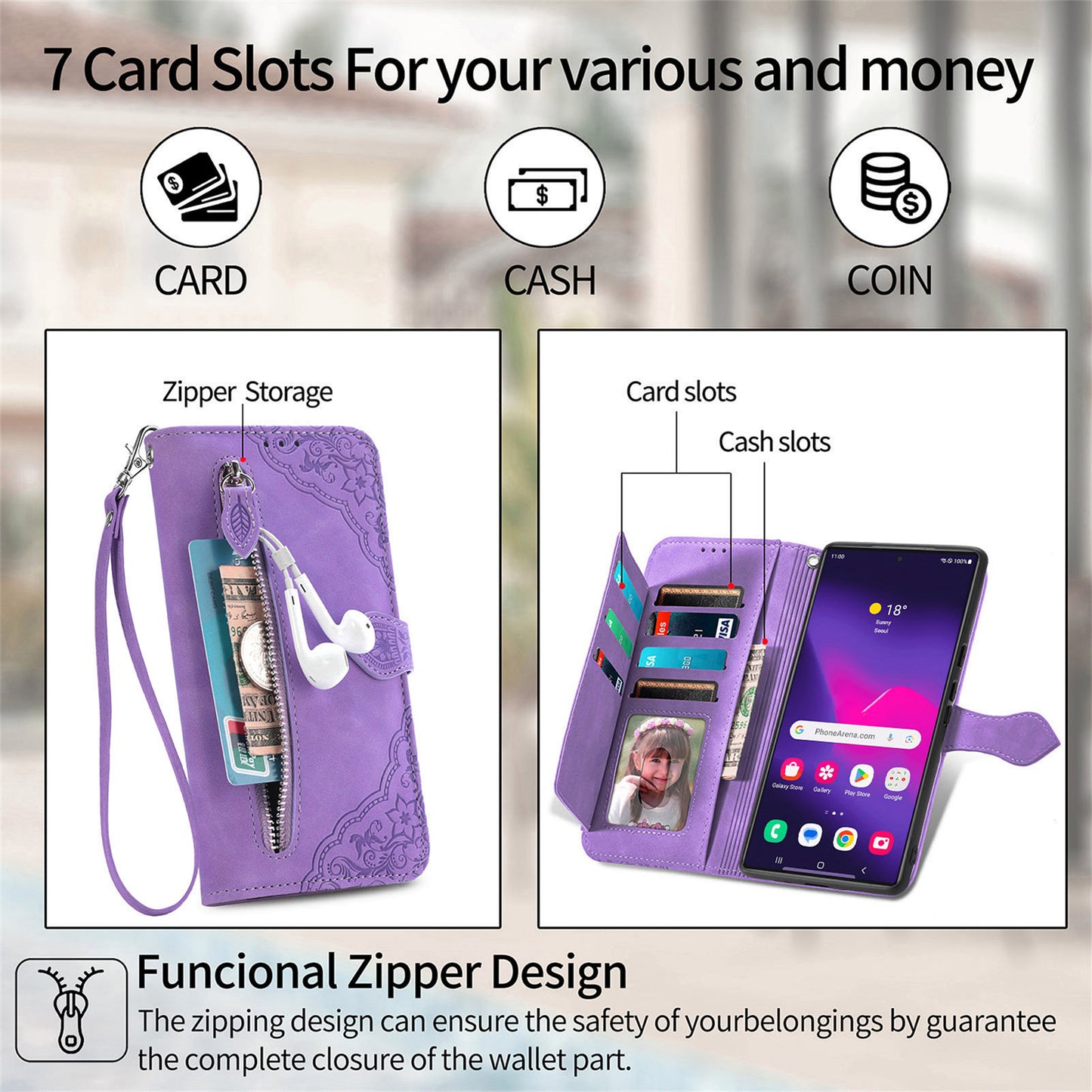 For Samsung Galaxy S24 Ultra Case Zipper Pocket Flower Imprinted Leather Cover - Light Purple