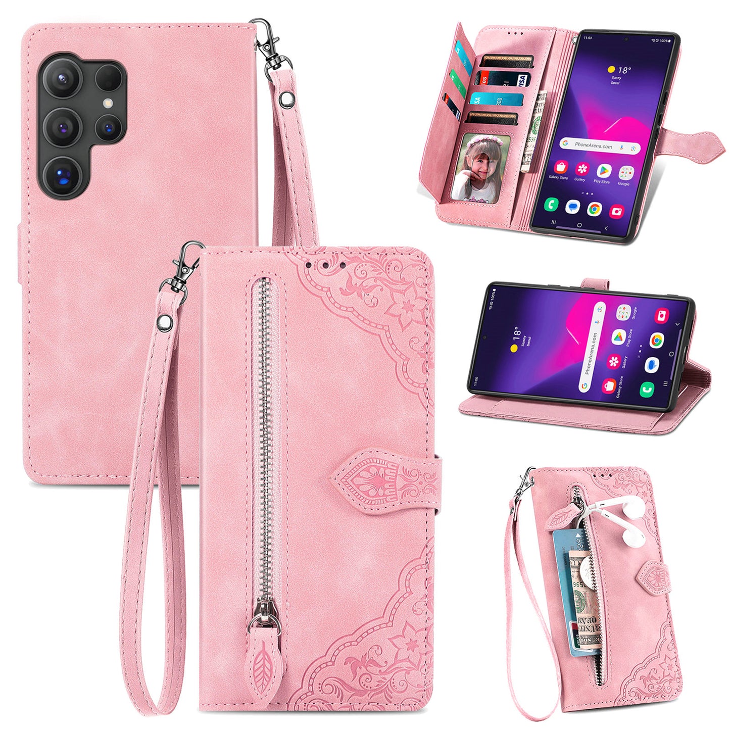 For Samsung Galaxy S24 Ultra Case Zipper Pocket Flower Imprinted Leather Cover - Pink