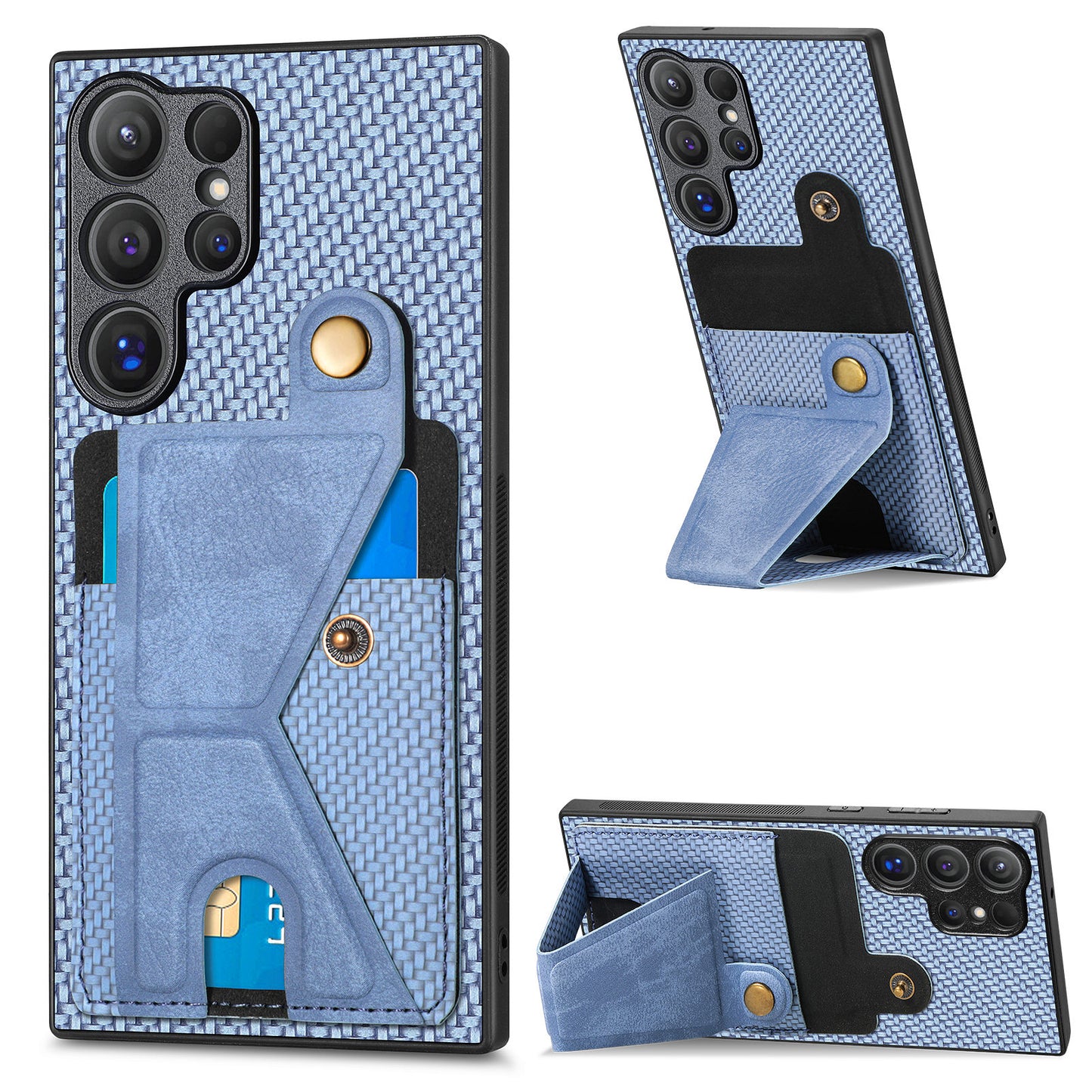 For Samsung Galaxy S24 Ultra Case K-shaped Kickstand Card Holder Phone Cover - Blue