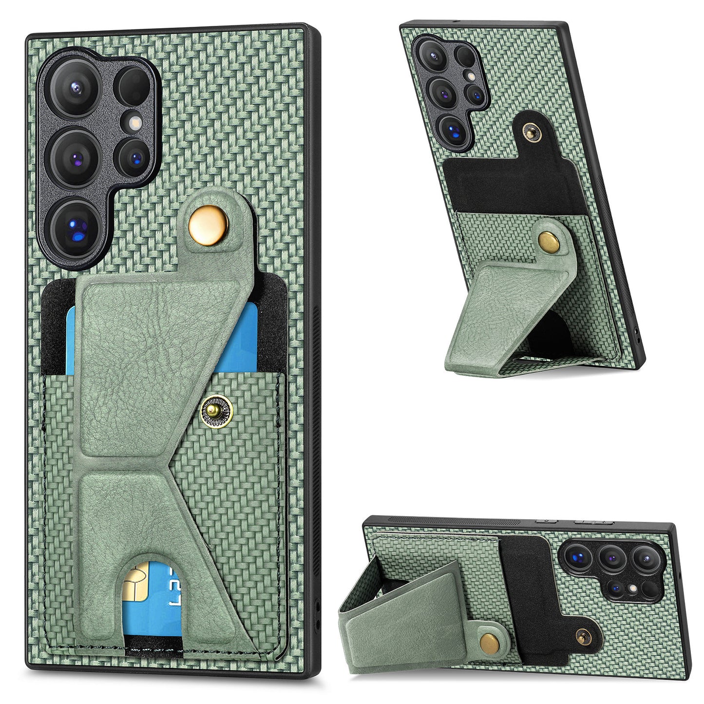For Samsung Galaxy S24 Ultra Case K-shaped Kickstand Card Holder Phone Cover - Green