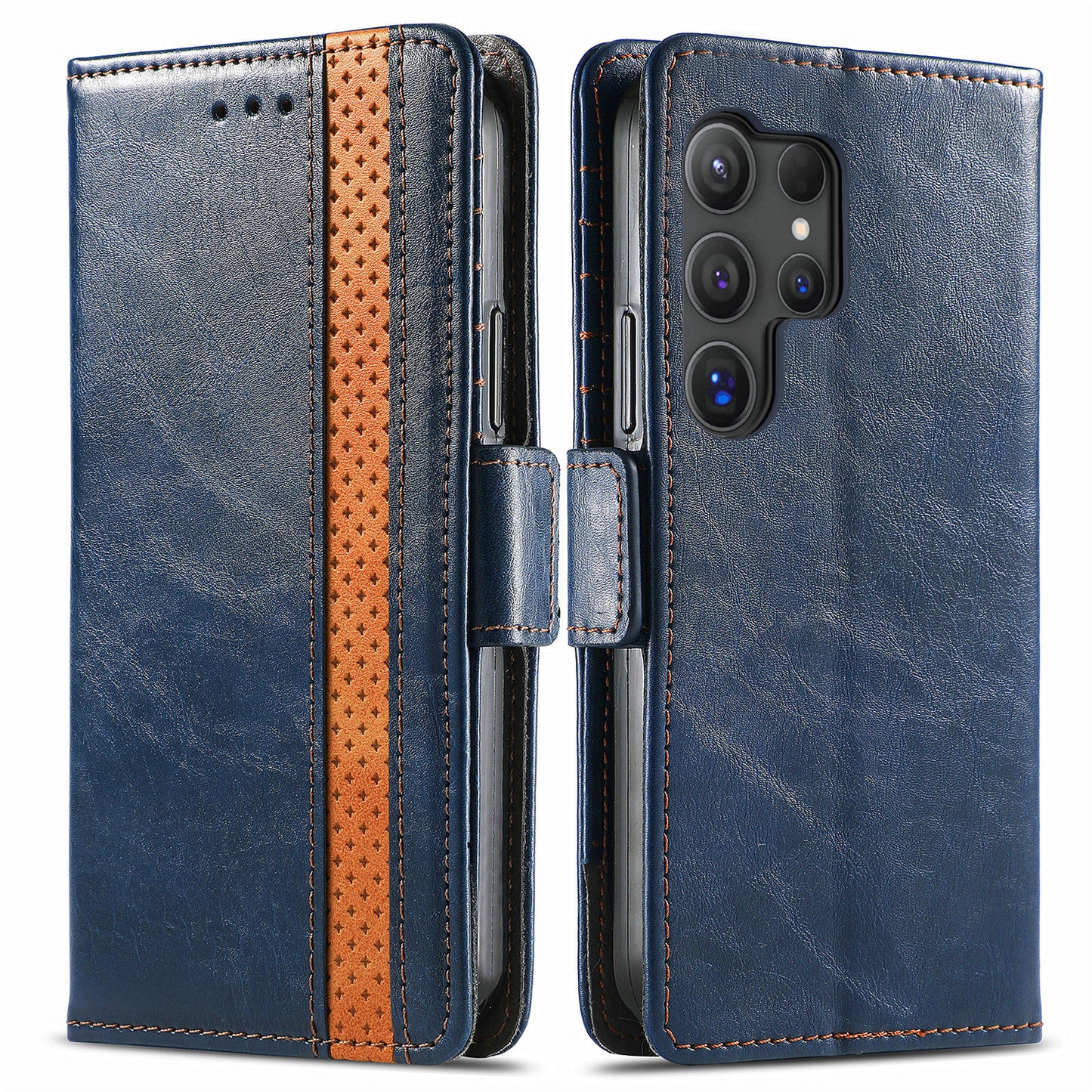 CASENEO 002 Series For Samsung Galaxy S24 Ultra Case RFID Blocking Wallet Splicing Leather Cover - Dark Blue
