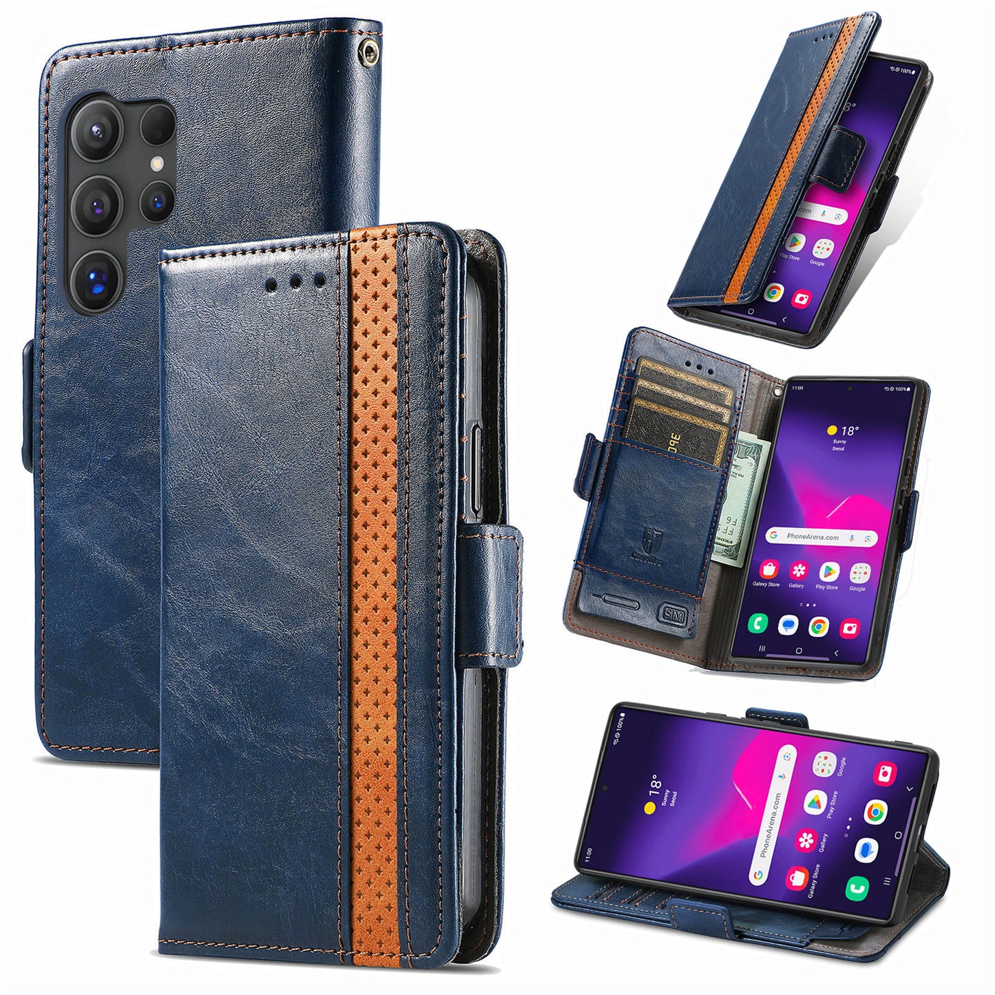CASENEO 002 Series For Samsung Galaxy S24 Ultra Case RFID Blocking Wallet Splicing Leather Cover - Dark Blue