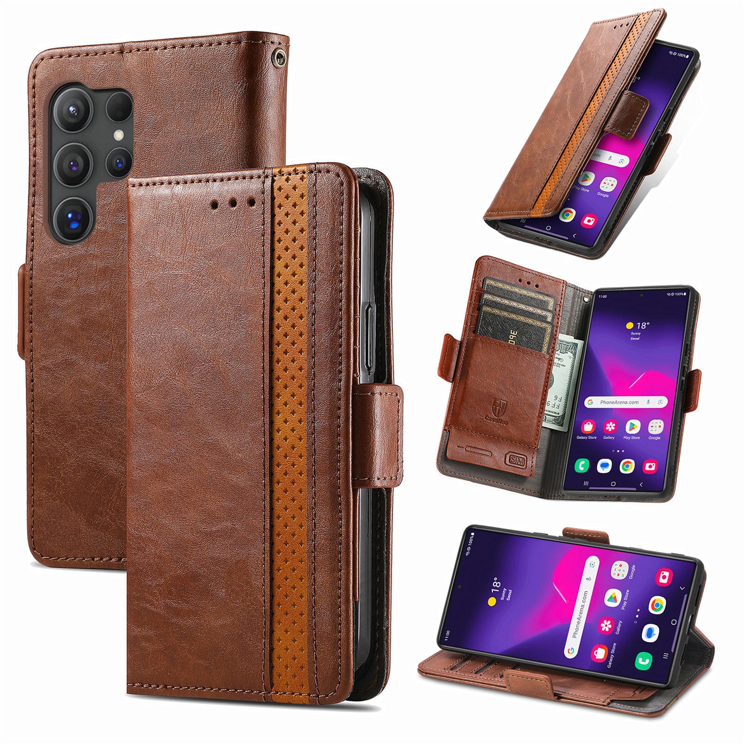 CASENEO 002 Series For Samsung Galaxy S24 Ultra Case RFID Blocking Wallet Splicing Leather Cover - Dark Brown