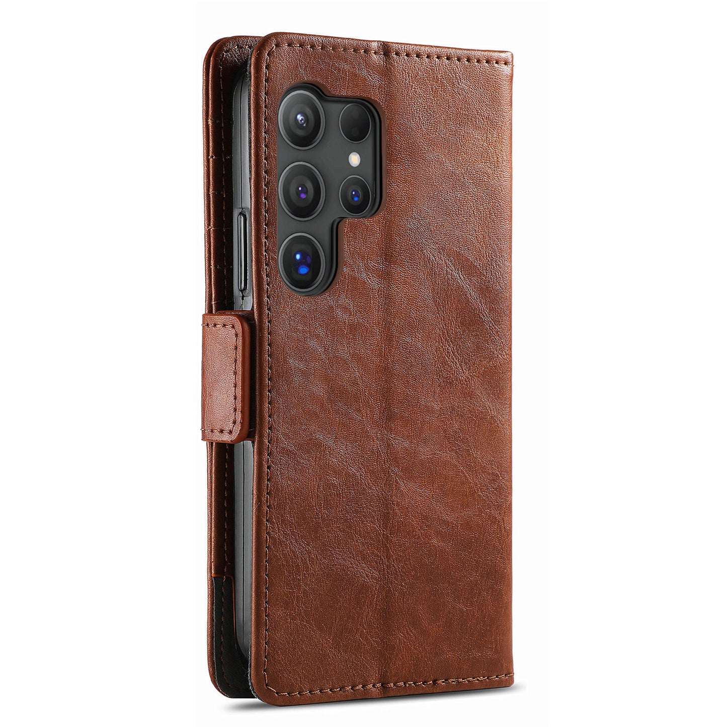 CASENEO 002 Series For Samsung Galaxy S24 Ultra Case RFID Blocking Wallet Splicing Leather Cover - Dark Brown