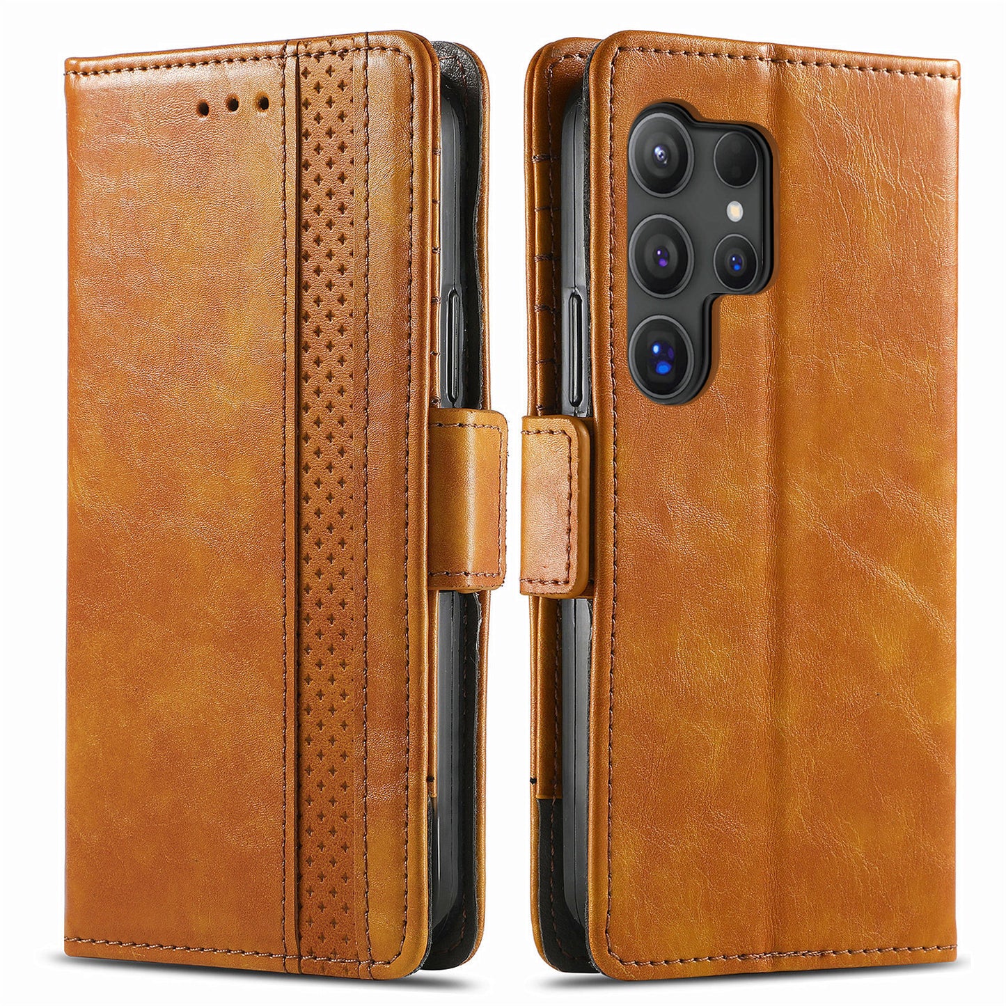 CASENEO 002 Series For Samsung Galaxy S24 Ultra Case RFID Blocking Wallet Splicing Leather Cover - Light Brown
