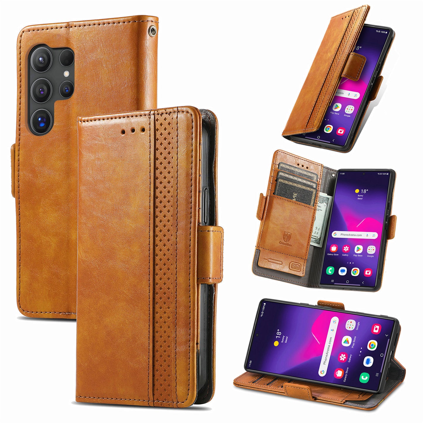 CASENEO 002 Series For Samsung Galaxy S24 Ultra Case RFID Blocking Wallet Splicing Leather Cover - Light Brown