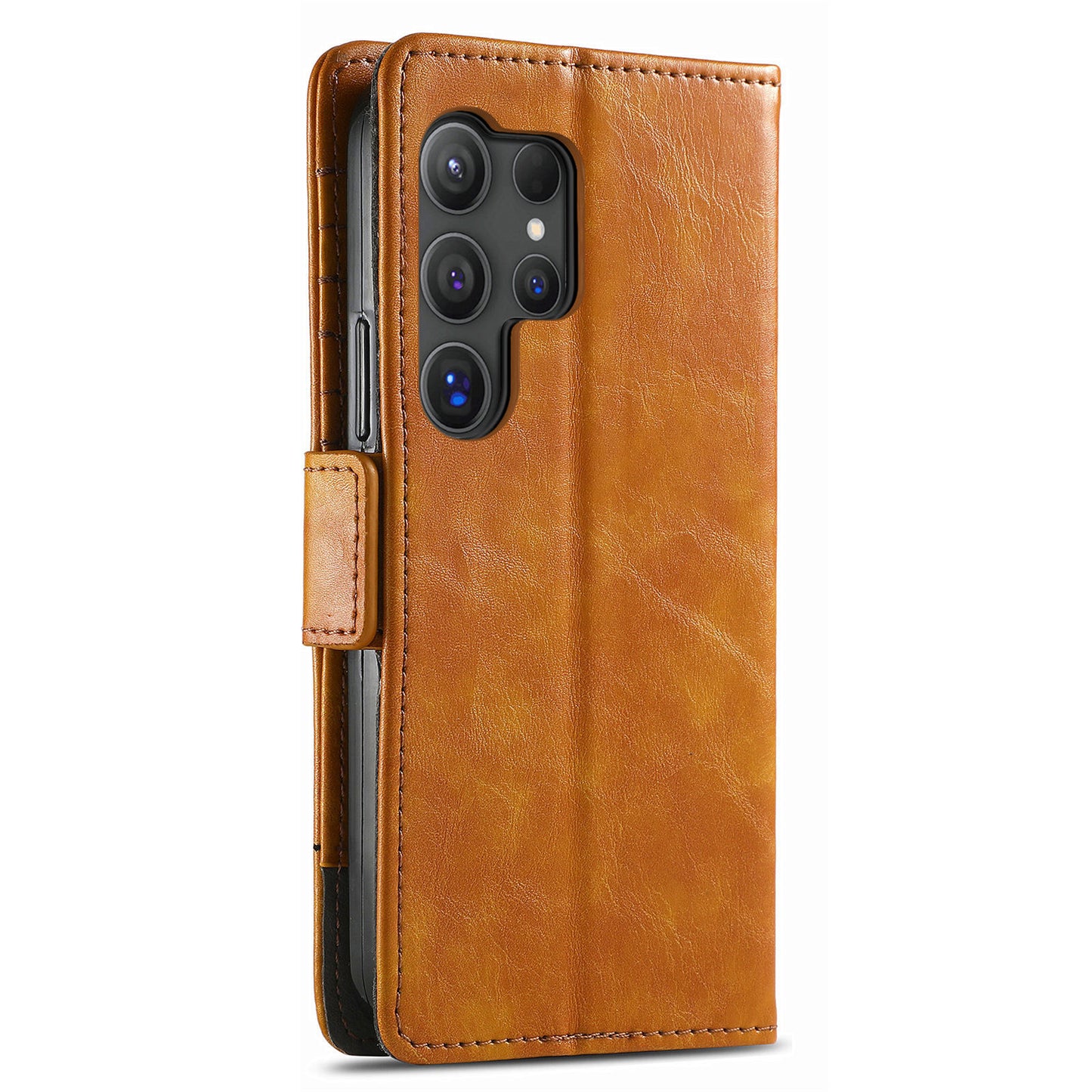 CASENEO 002 Series For Samsung Galaxy S24 Ultra Case RFID Blocking Wallet Splicing Leather Cover - Light Brown