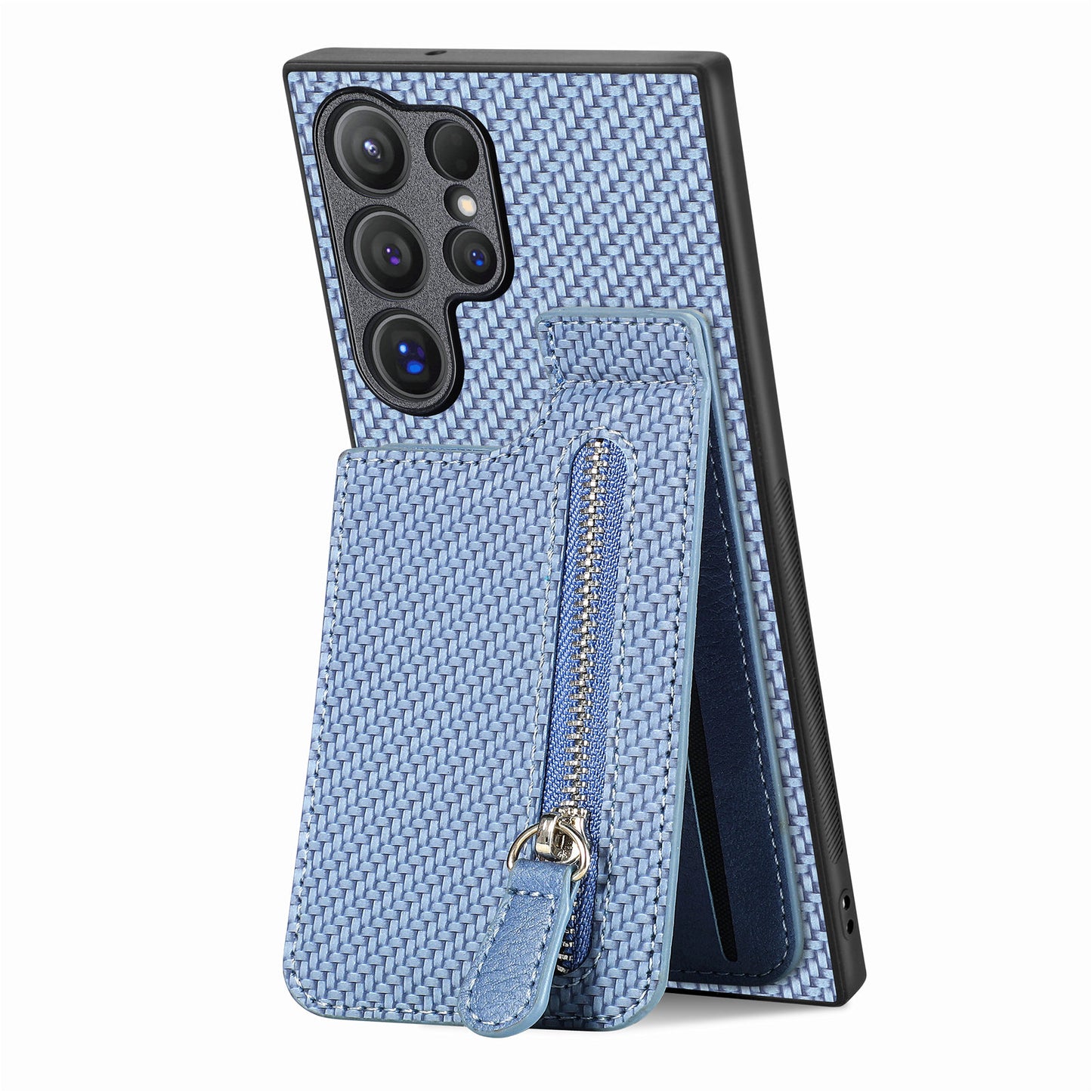 For Samsung Galaxy S24 Ultra Case Zipper Pocket Kickstand Phone Cover - Blue