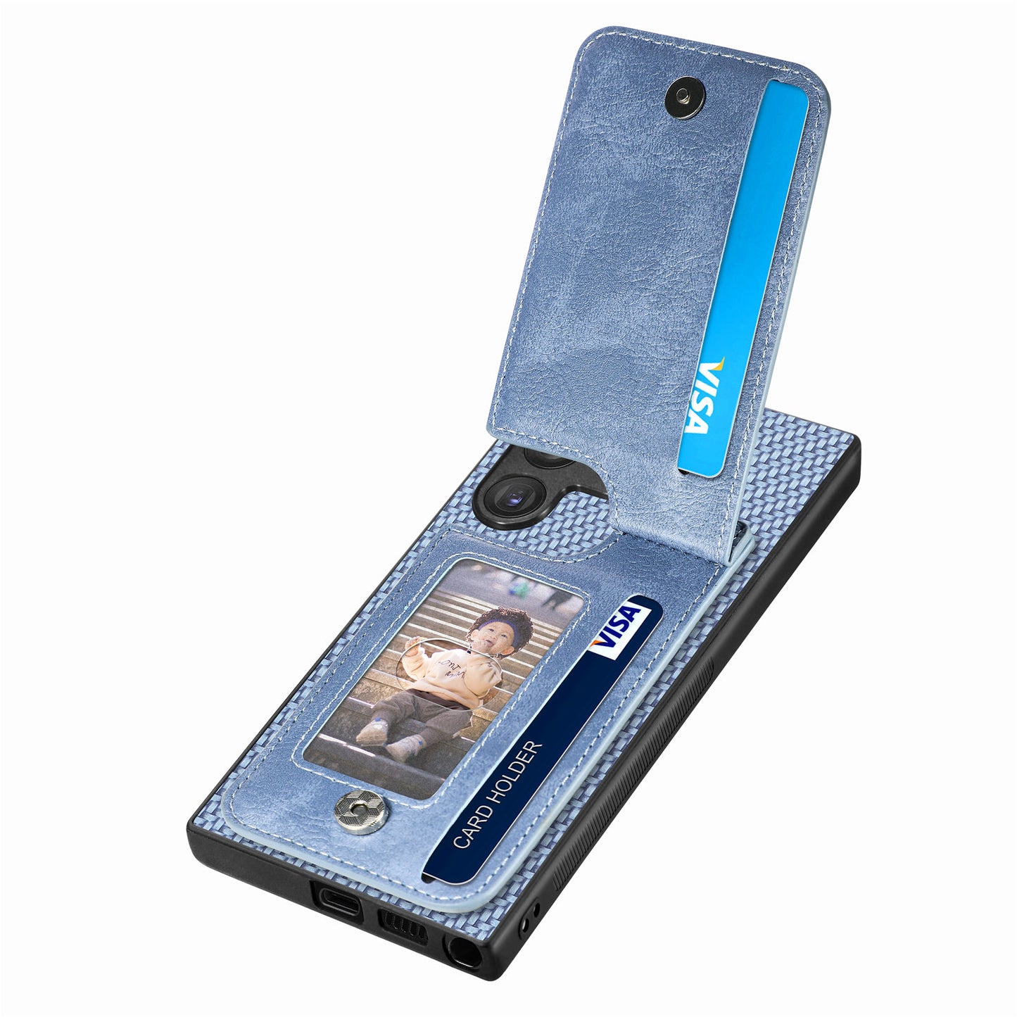 For Samsung Galaxy S24 Ultra Case Zipper Pocket Kickstand Phone Cover - Blue