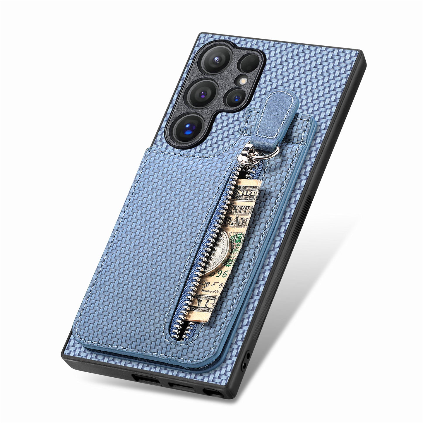For Samsung Galaxy S24 Ultra Case Zipper Pocket Kickstand Phone Cover - Blue